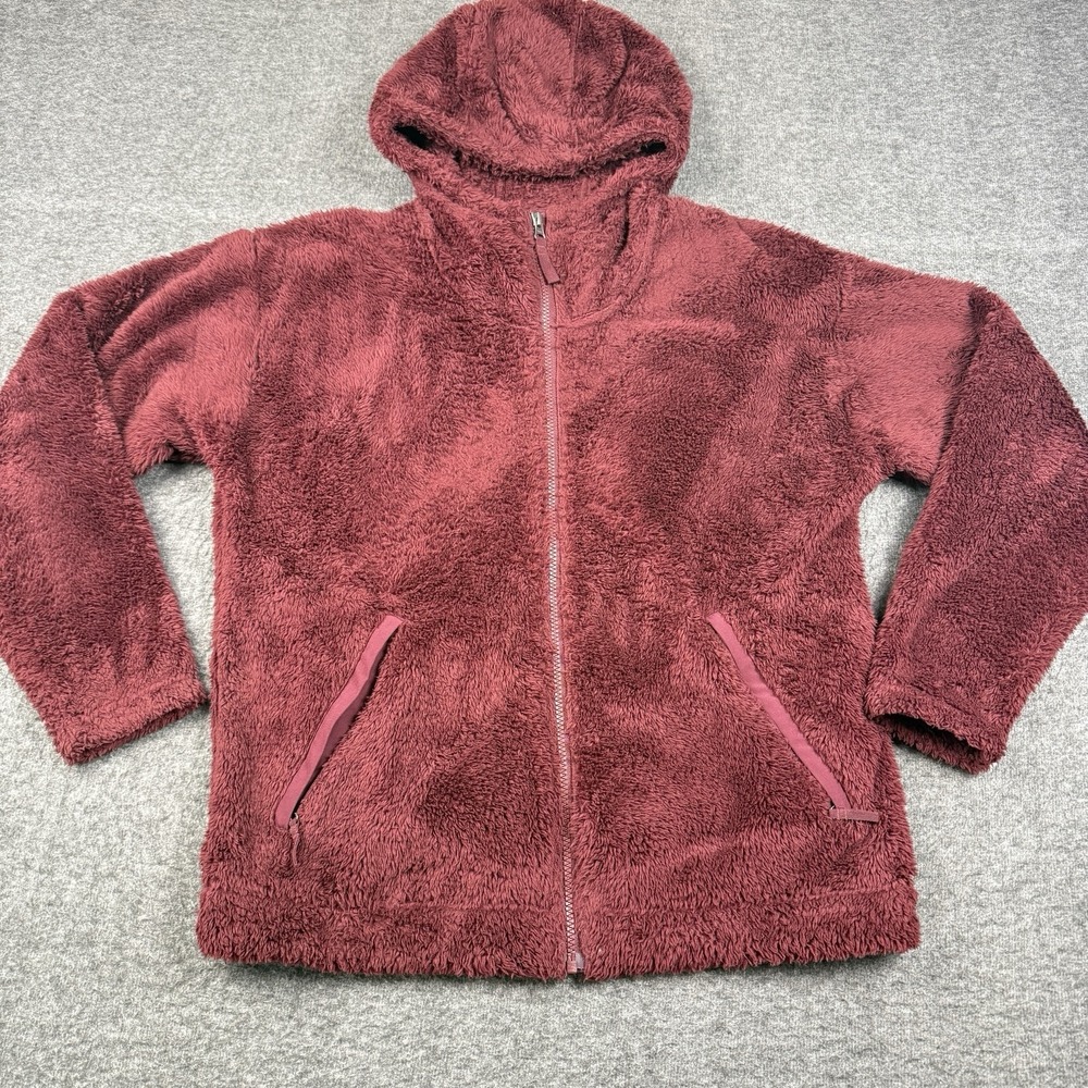 The North Face Jacket Womens Large Red Fuzzy Furry Fleece Hooded Full Zip Hike